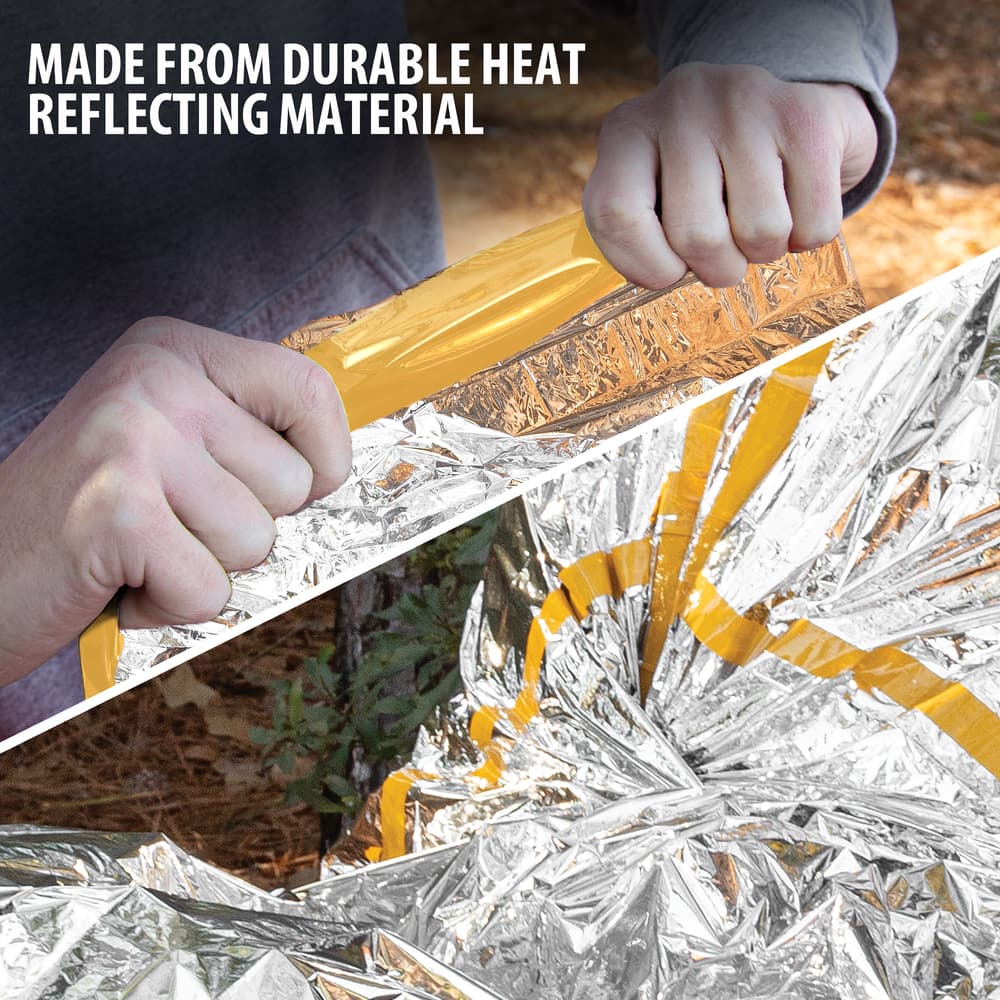 Full image of the durable heat reflective material of the Emergency Sleeping Bag. image number 2